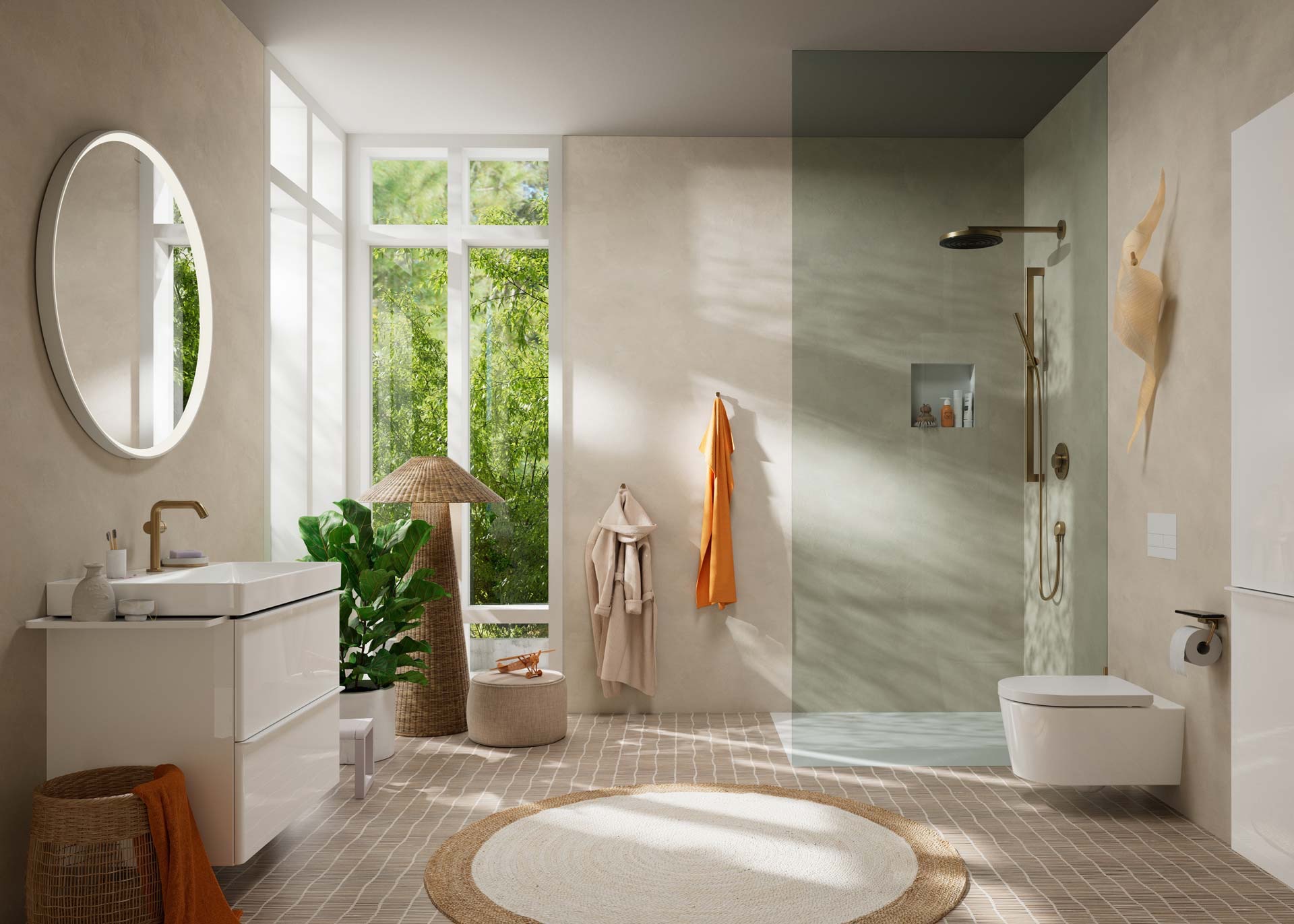 Interior de un baño que incluye una ducha circular, un inodoro y un lavabo, todo en un diseño moderno y funcional.