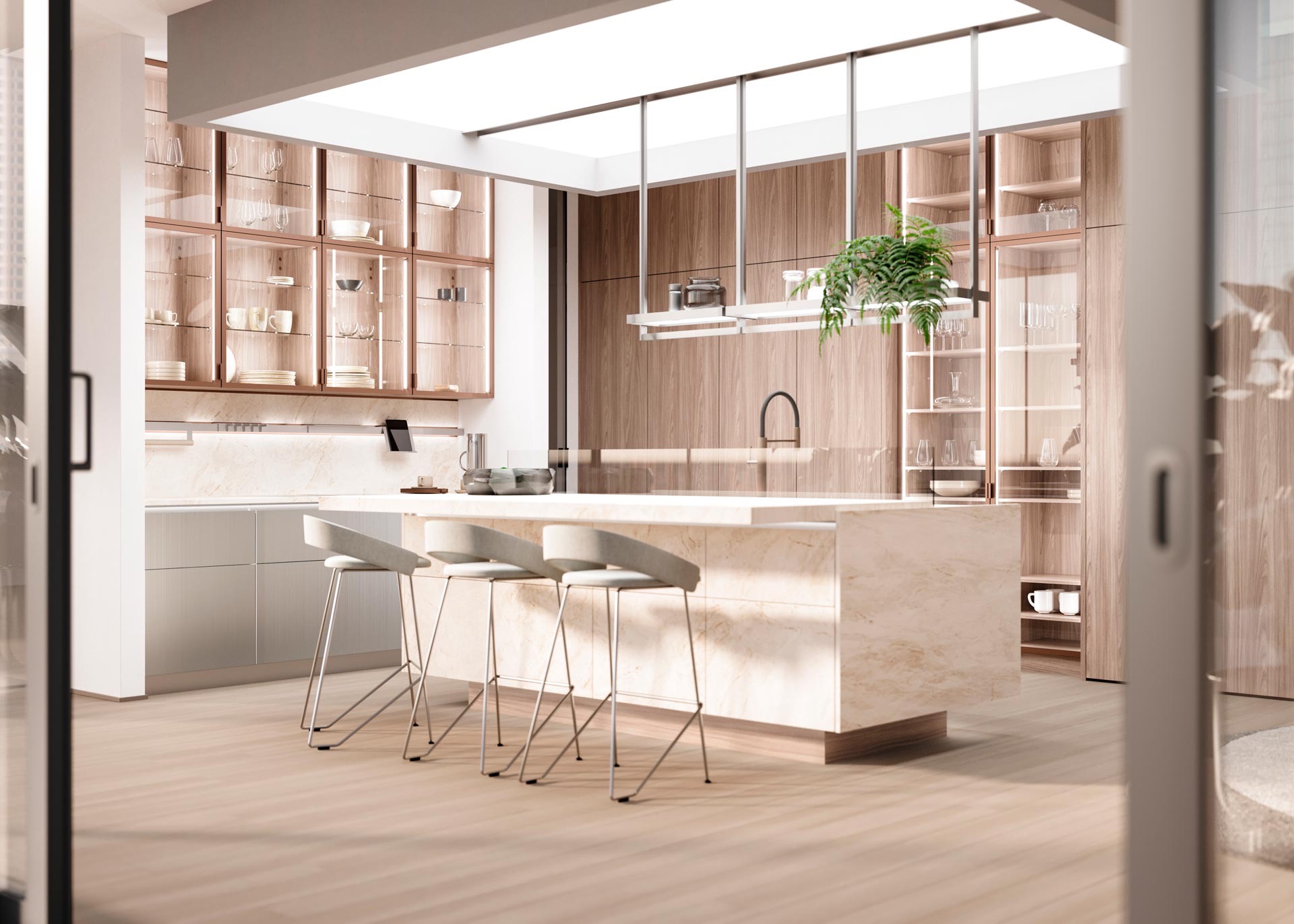 Cocina luminosa con isla grande, taburetes y piso de madera natural.