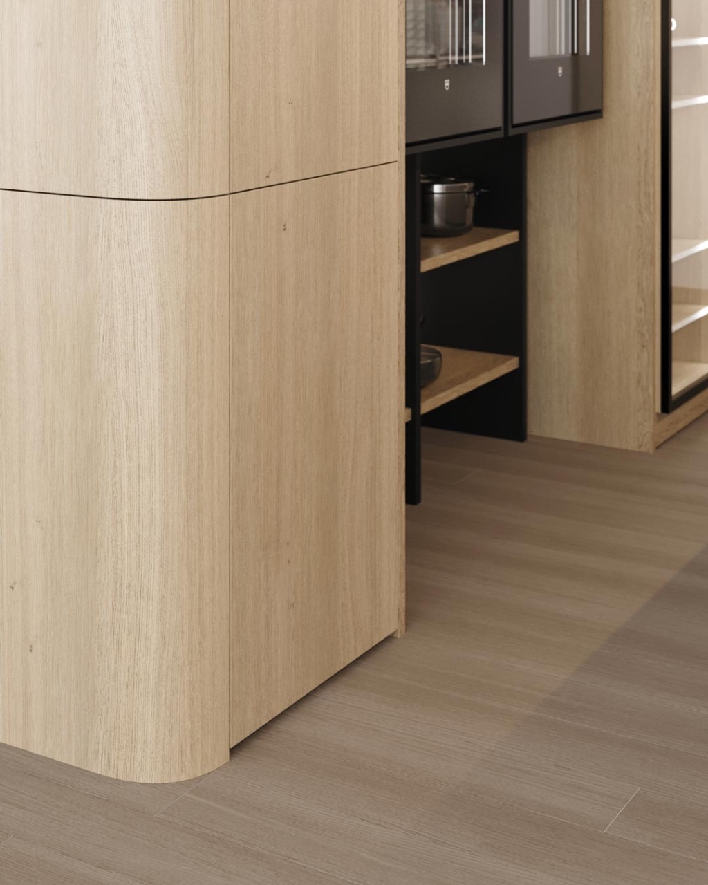 Detalle de panel curvo en mueble columna de cocina